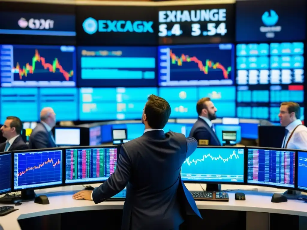 Traders en la bolsa de valores, pantallas con datos financieros y ambiente de alta intensidad