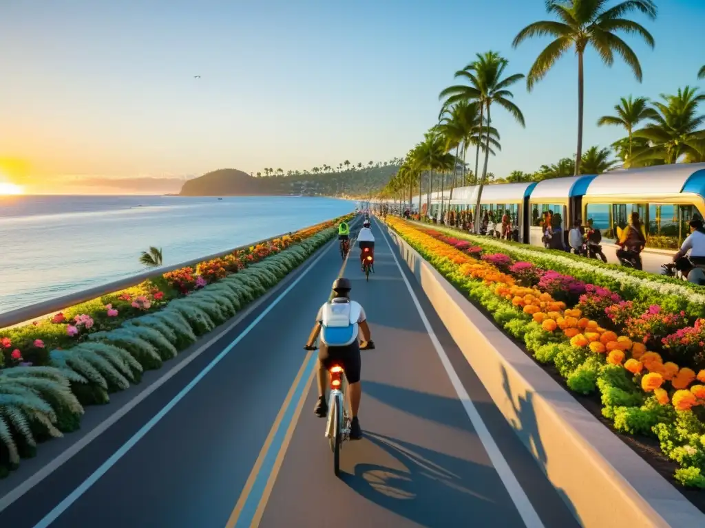 Tranquilidad y movilidad sostenible en zonas costeras: bicicletas, transporte público y naturaleza junto al mar al atardecer