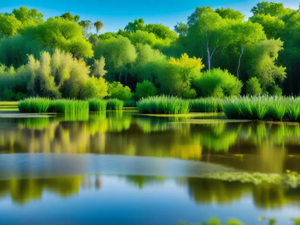 Tranquilidad y vida en ecosistemas humedales inundados, con plantas acuáticas vibrantes y aves, reflejando árboles y cielo