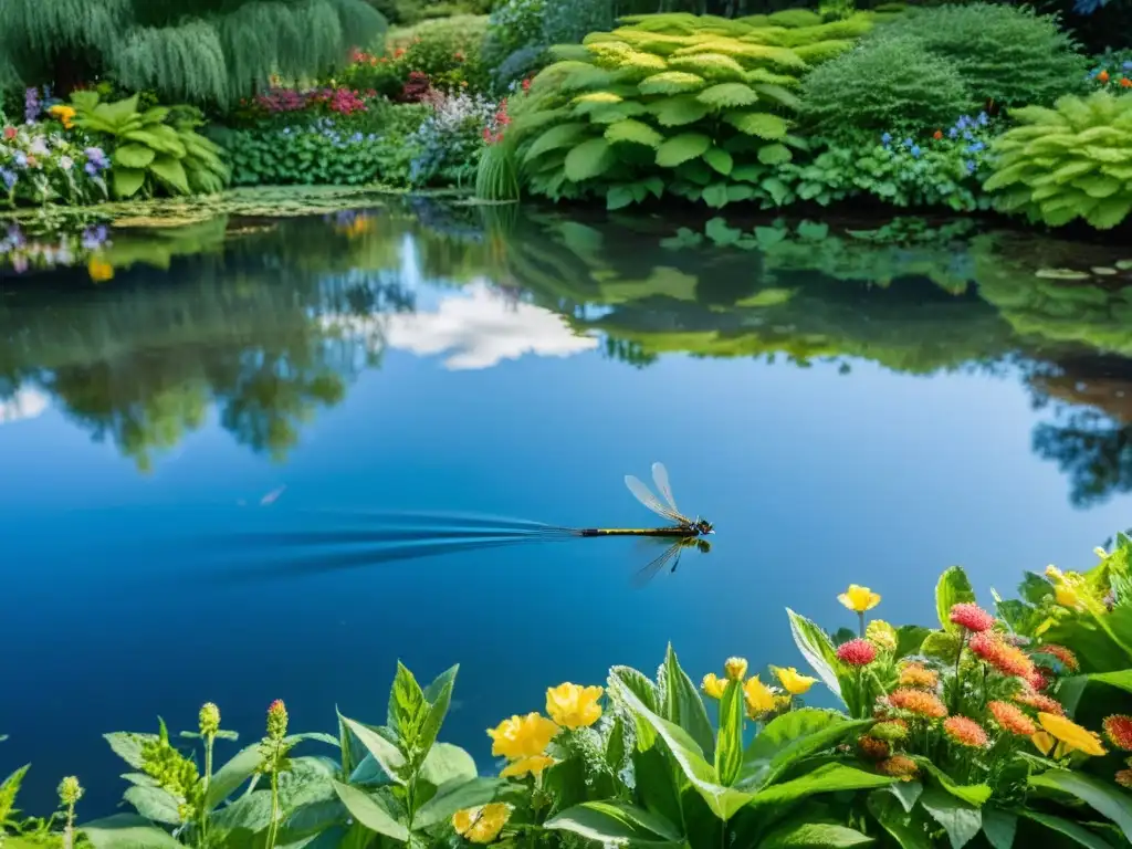 Un tranquilo estanque rodeado de exuberante vegetación y flores coloridas