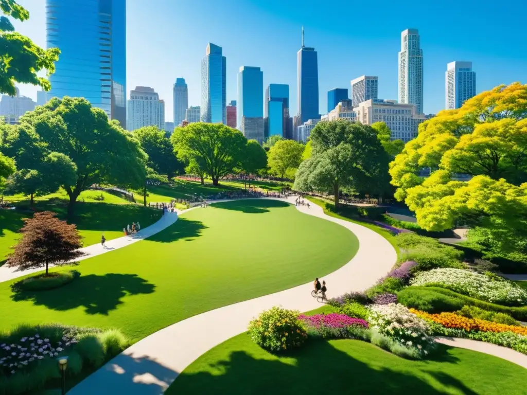 Un tranquilo parque urbano con árboles altos, flores vibrantes y senderos sinuosos