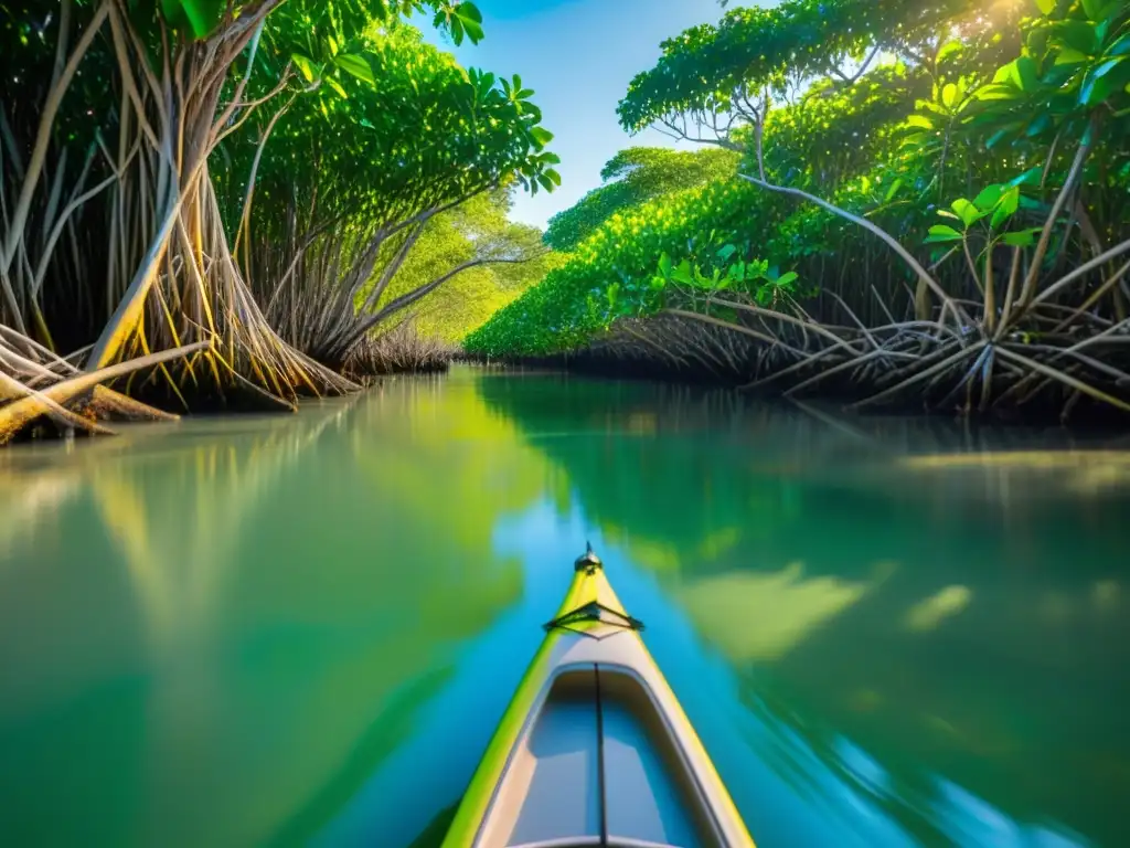 Un tranquilo paseo en kayak ecológico por los manglares, entre raíces y follaje verde, bajo el suave filtrado del sol