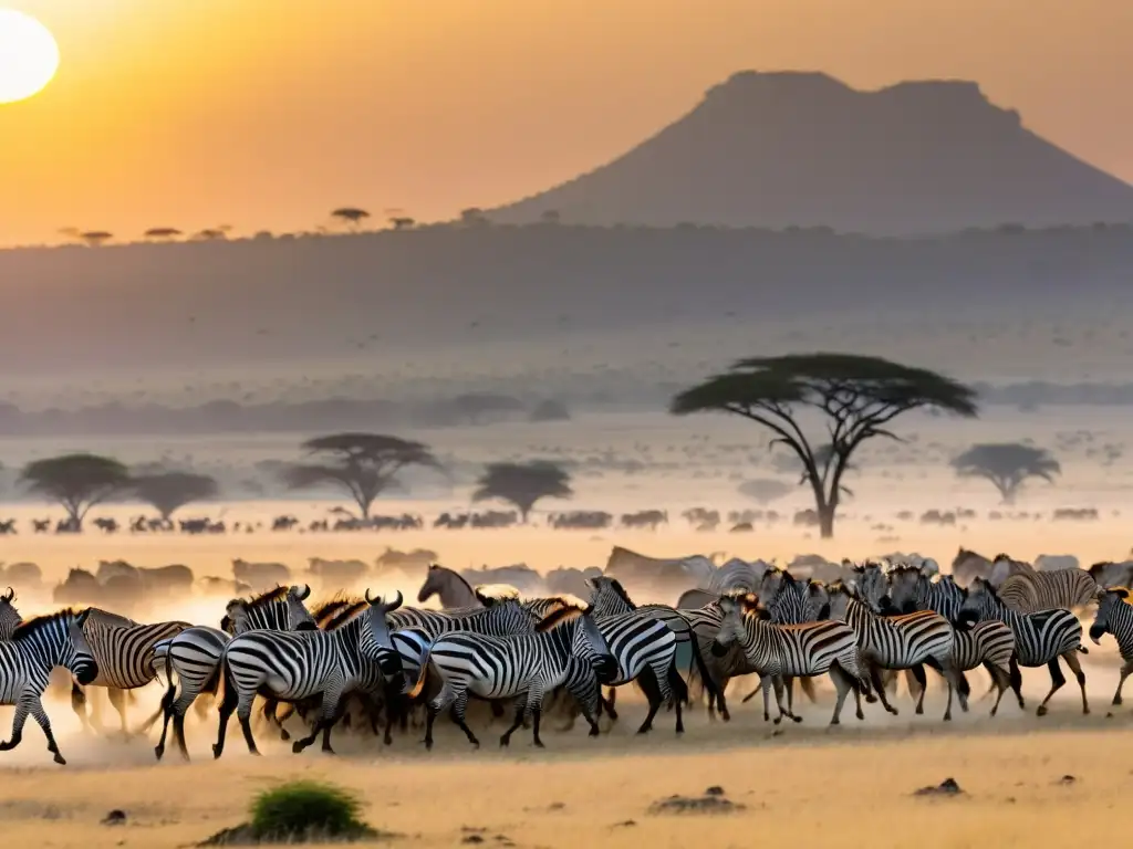 Travesía migratoria de animales en las praderas africanas con atardecer dorado