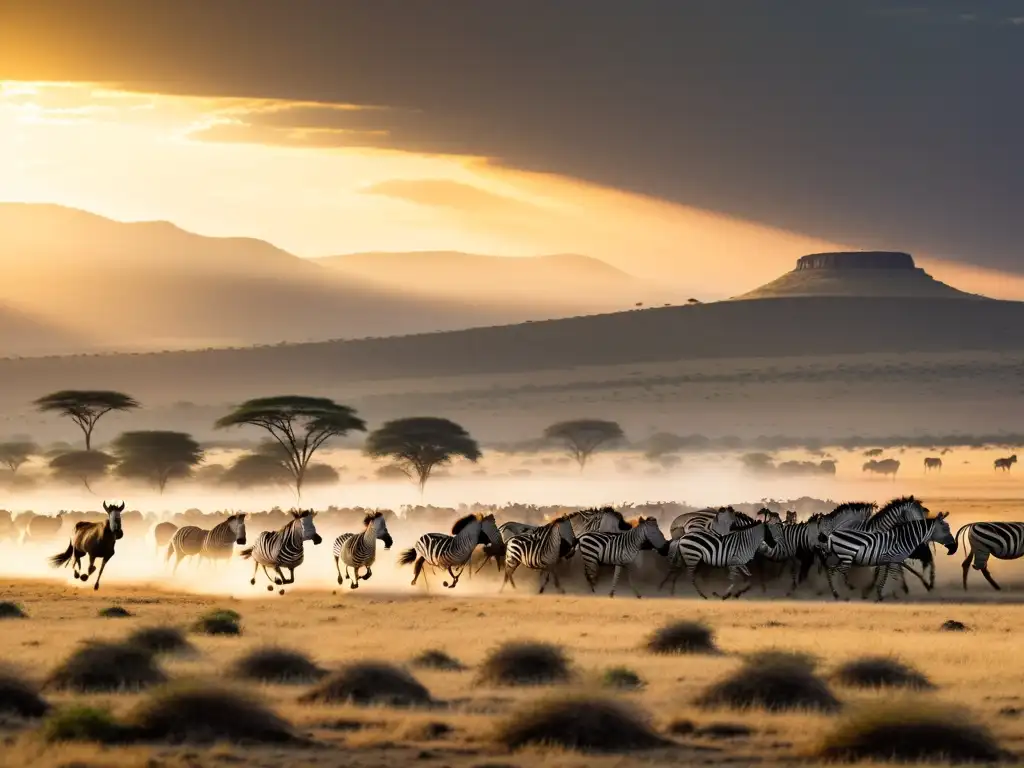 Una travesía migratoria de animales en las praderas al atardecer, con una manada de ñus y cebras en movimiento, levantando polvo mientras avanzan