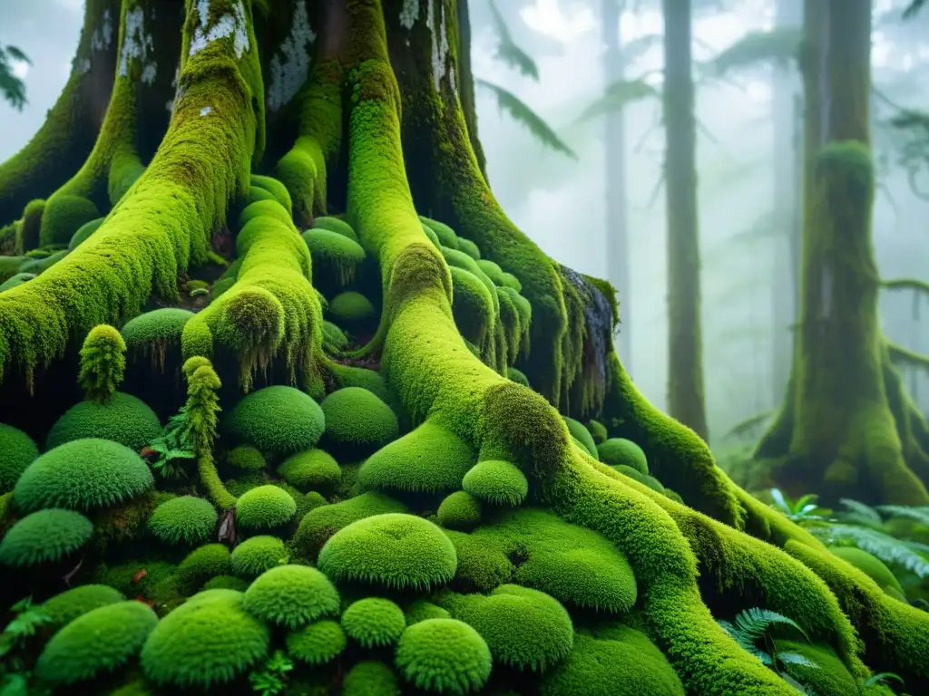 Un tronco de árbol cubierto de musgo verde vibrante en un bosque nublado, resaltando la importancia de líquenes y musgos en estos ecosistemas únicos