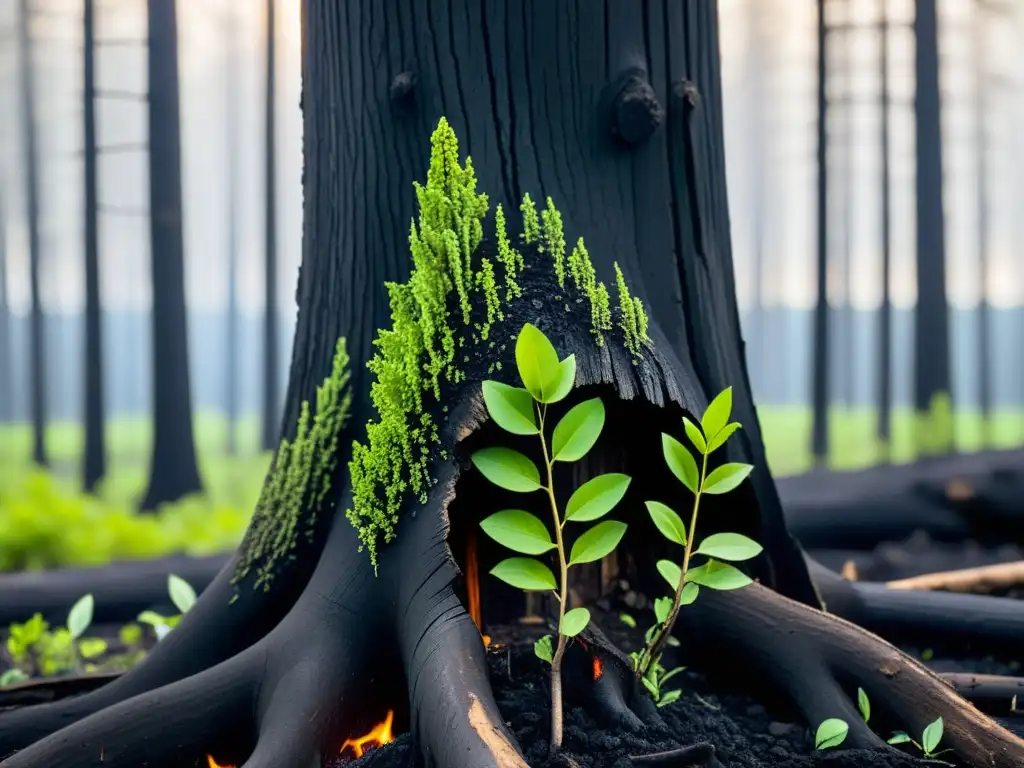 Tronco carbonizado con brotes verdes, símbolo de restauración ecológica post incendios forestales