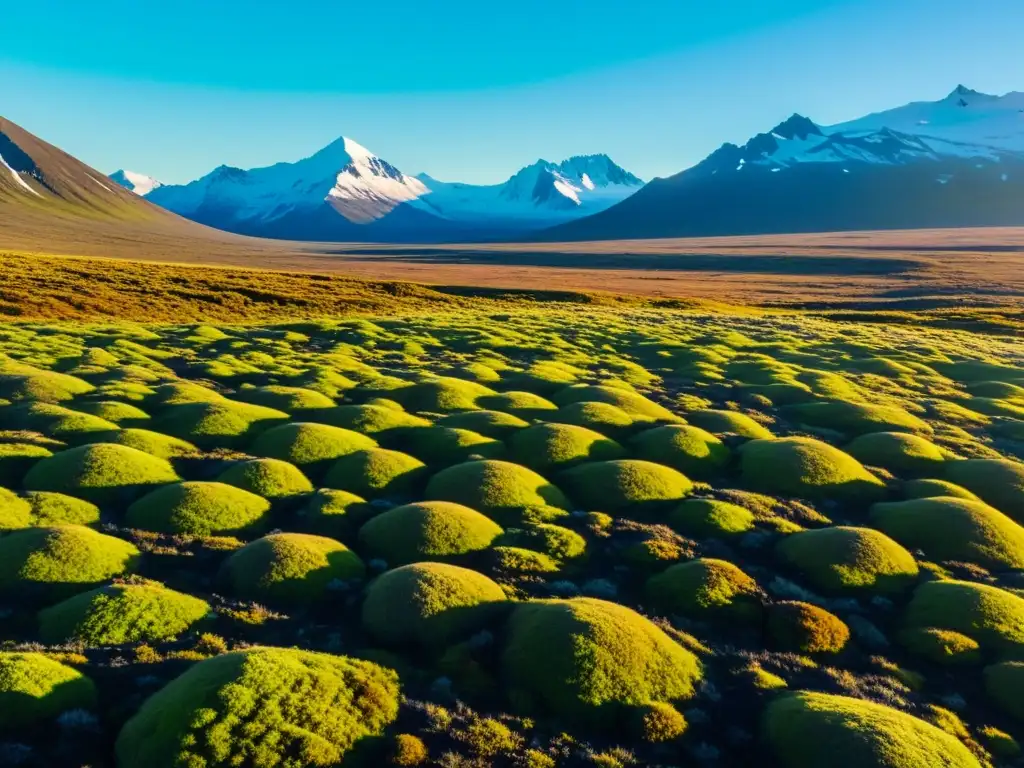 Vegetación de la tundra en detalle: extenso paisaje de tundra con musgos, líquenes y arbustos, caribúes al fondo, montañas y sol poniente