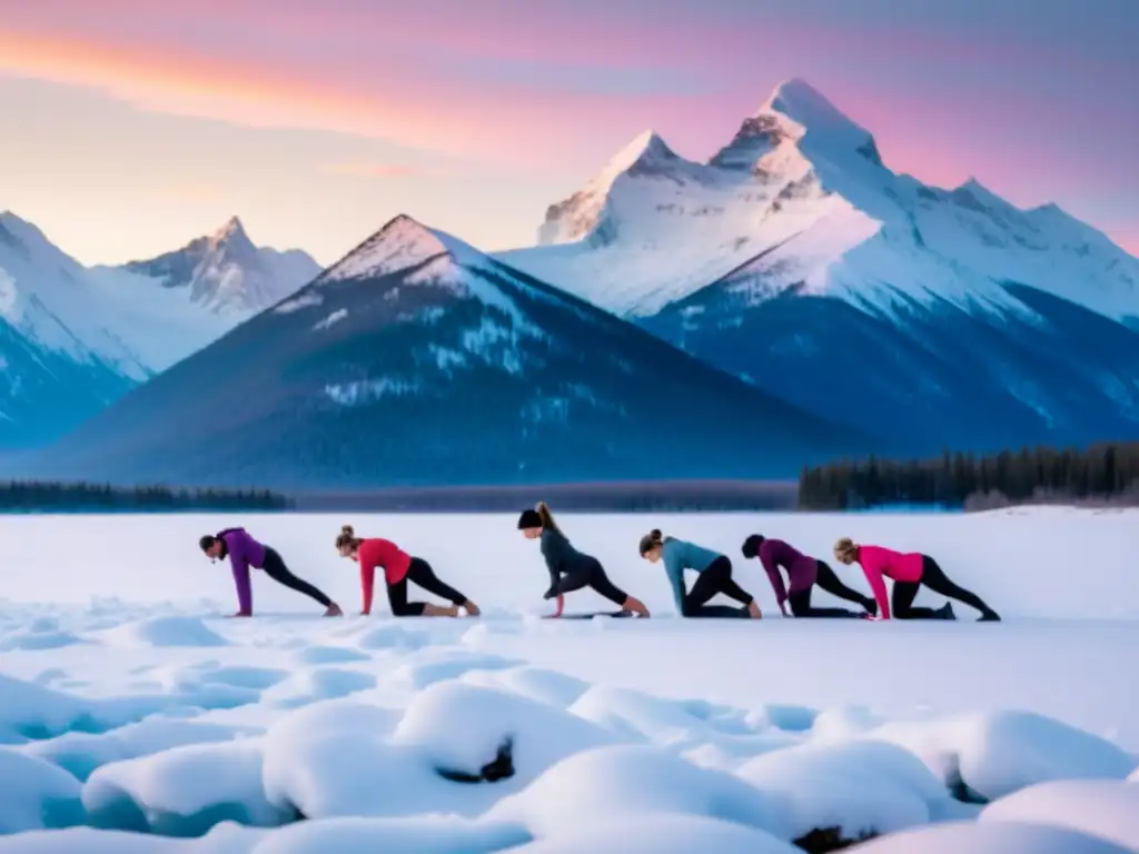 Práctica de yoga en la tundra: grupo en invierno realiza saludos al sol entre montañas nevadas y cielo rosado, fusionando armonía natural y yoga