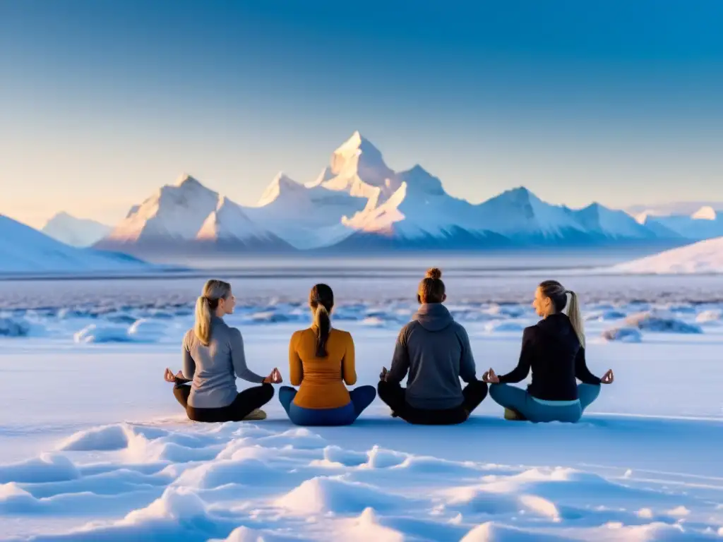 Práctica de yoga en la tundra: Grupo en loto en paisaje nevado y montañas lejanas al atardecer