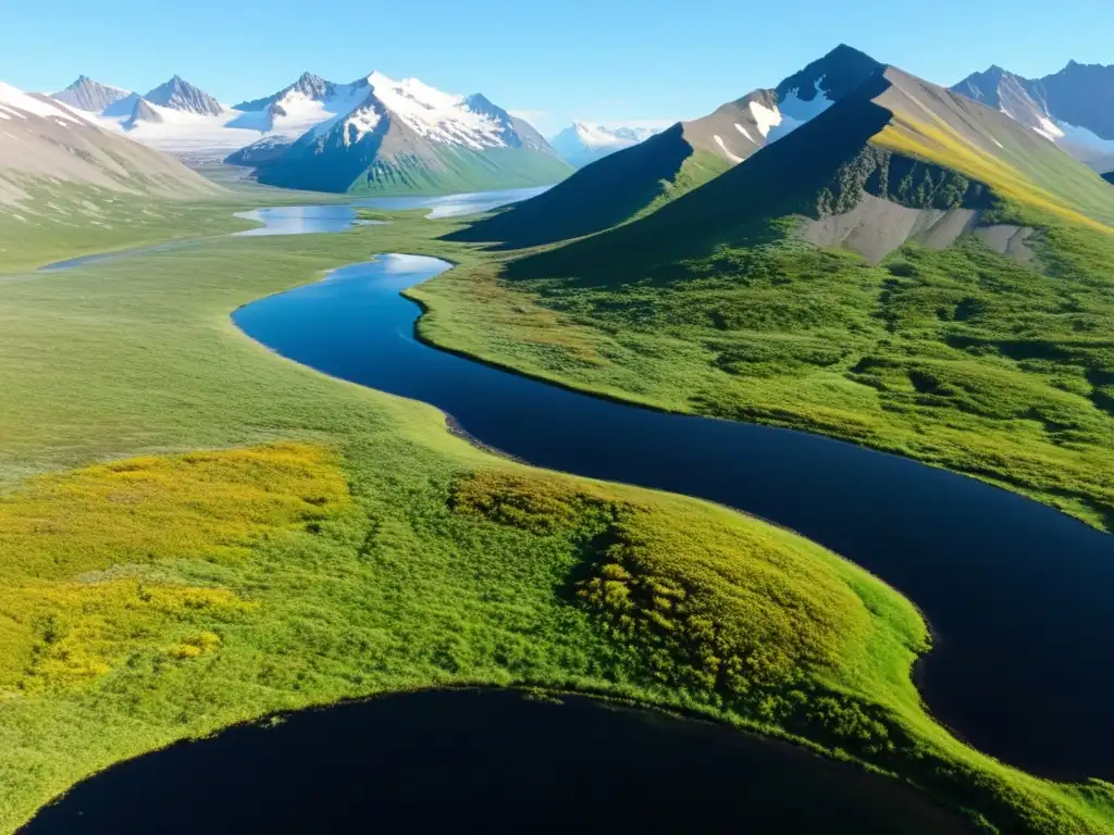 La tundra se extiende hasta el horizonte con ríos de deshielo, reflejando la serena belleza y los efectos del deshielo en la tundra