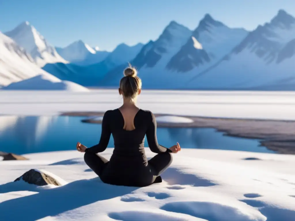 Práctica de yoga en la tundra: yogui en loto sobre roca nevada, rodeado de montañas y tranquilidad ártica