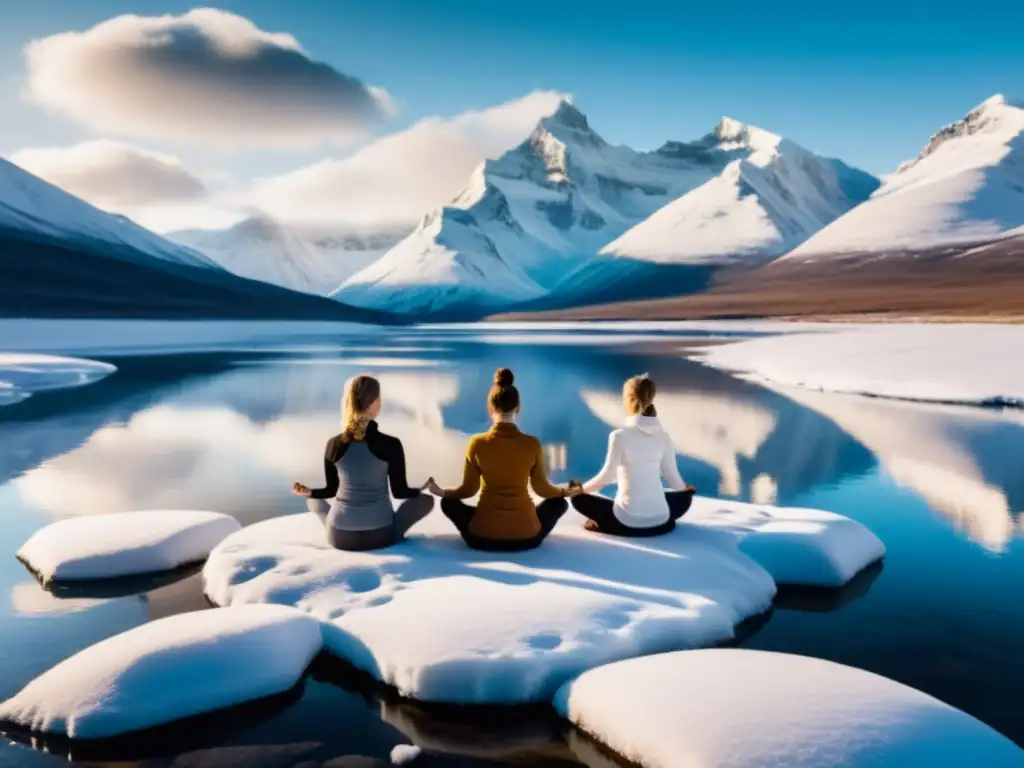 Práctica de yoga en la tundra: Practicantes en meditación, rodeados de montañas nevadas y un río helado, en armonía con la naturaleza