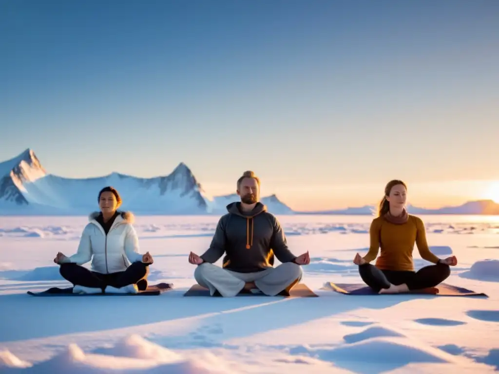 Práctica de yoga en la tundra: Grupo en meditación, rodeado de naturaleza ártica serena y nevada al atardecer