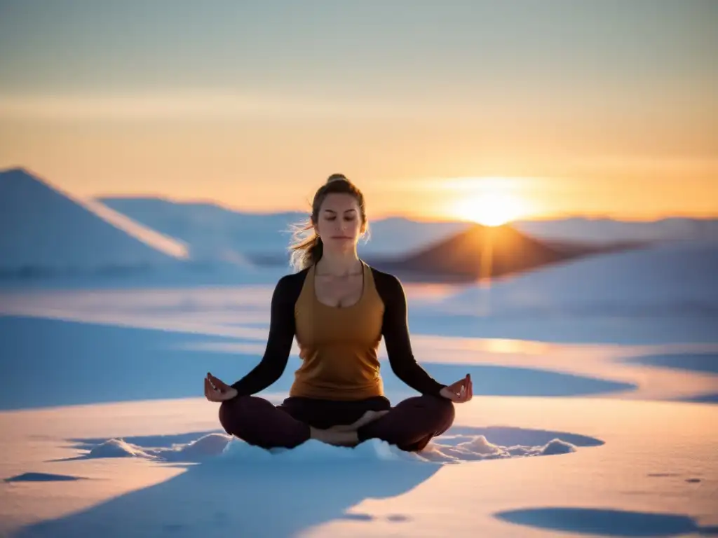 Práctica de yoga en la tundra: Yogui meditando en la serena belleza nevada del Ártico al atardecer