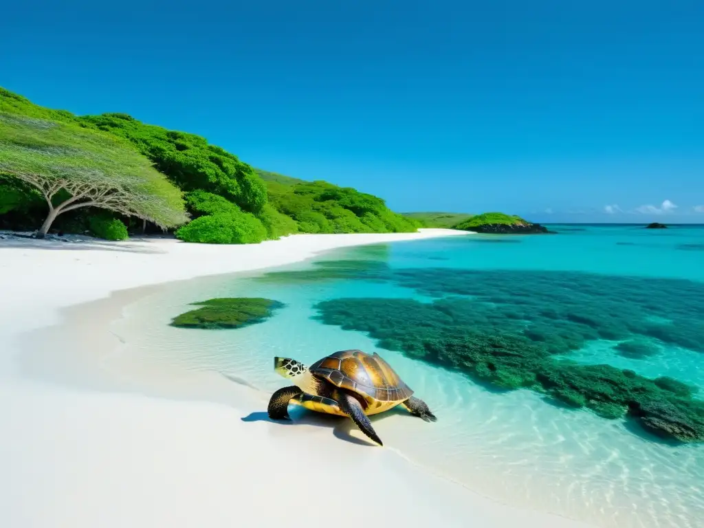 Turismo ecológico en Islas Galápagos y Seychelles: Playa prístina de aguas turquesas, manglares verdes y la icónica tortuga Galápagos