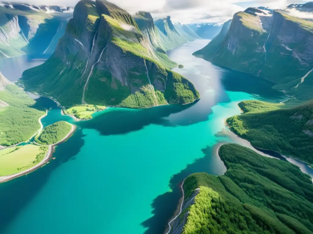 Turismo verde en los fiordos de Noruega: vista aérea impresionante con aguas cristalinas, acantilados verdes y barcos, reflejando la belleza natural