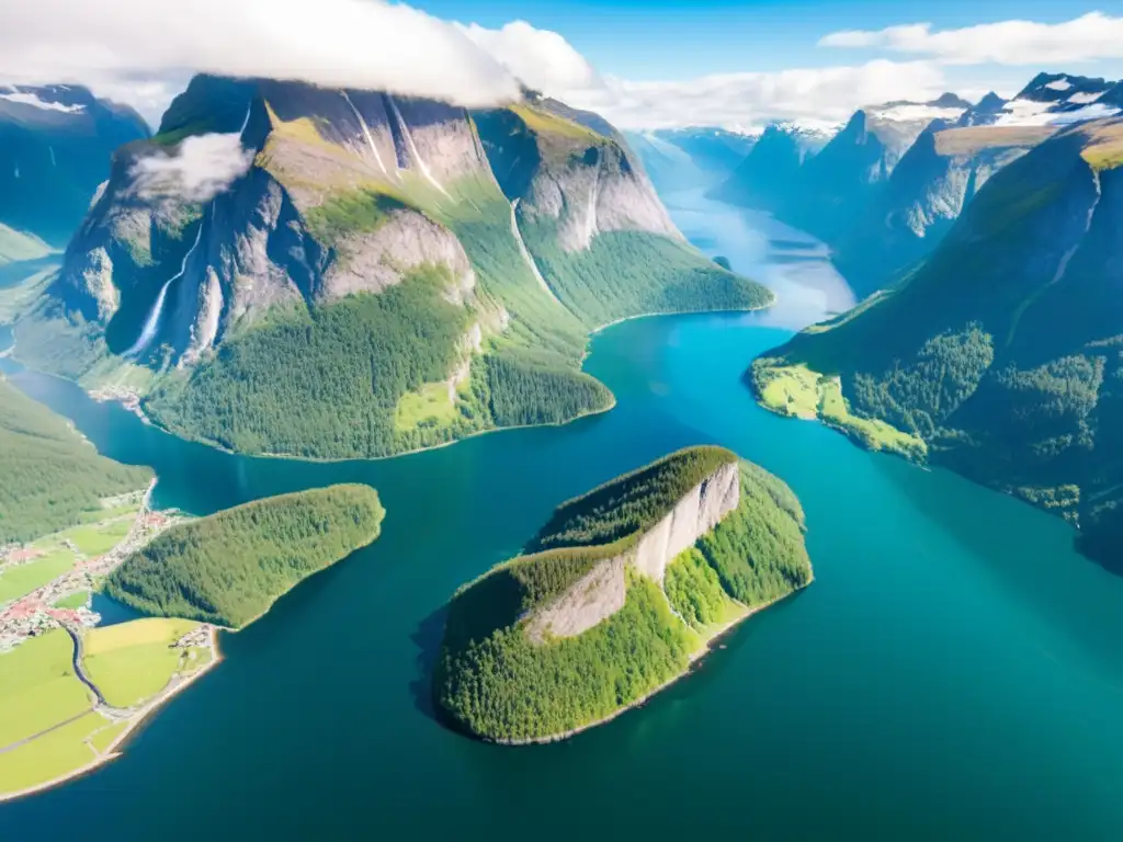 Turismo verde en los fiordos de Noruega: majestuosos fiordos noruegos con aguas turquesa, valles empinados, bosques verdes y casas coloridas