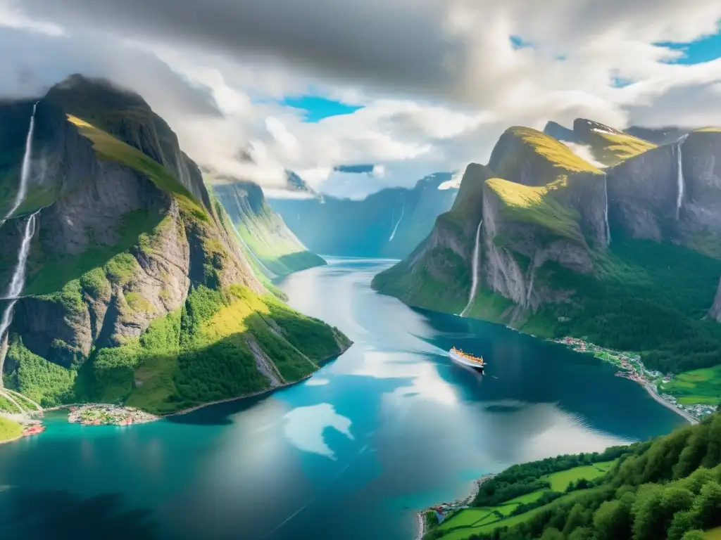 Turismo verde en los fiordos de Noruega: Serenidad azul, acantilados majestuosos, barco pesquero tradicional y paisaje dorado bajo las nubes