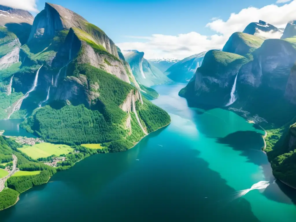 Turismo verde en los fiordos de Noruega: Imagen deslumbrante del majestuoso Geirangerfjord, con aguas esmeralda, acantilados y cascadas pintorescas