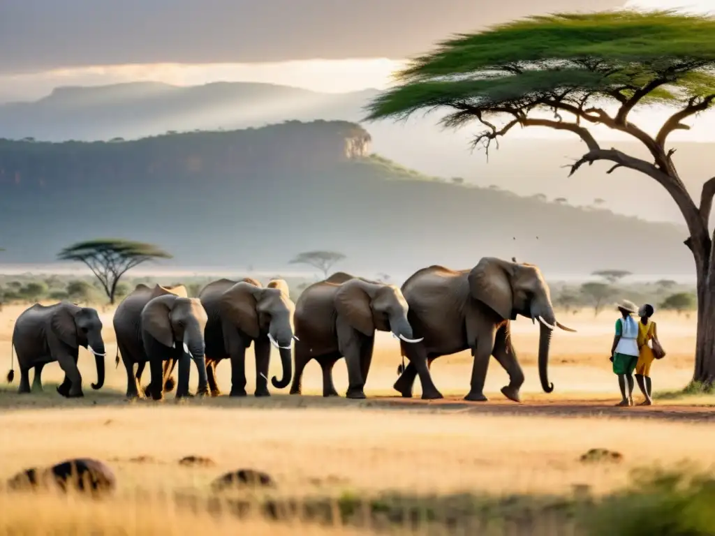 Turistas admirando la majestuosa manada de elefantes en la sabana africana, reflejando la ética del ecoturismo en safaris africanos