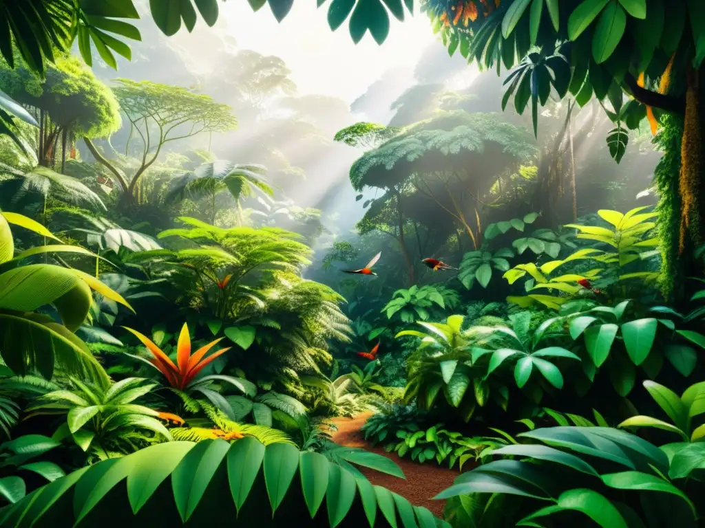 Una ilustración ultradetallada en 8k de una exuberante y vibrante selva tropical llena de diversa flora y fauna