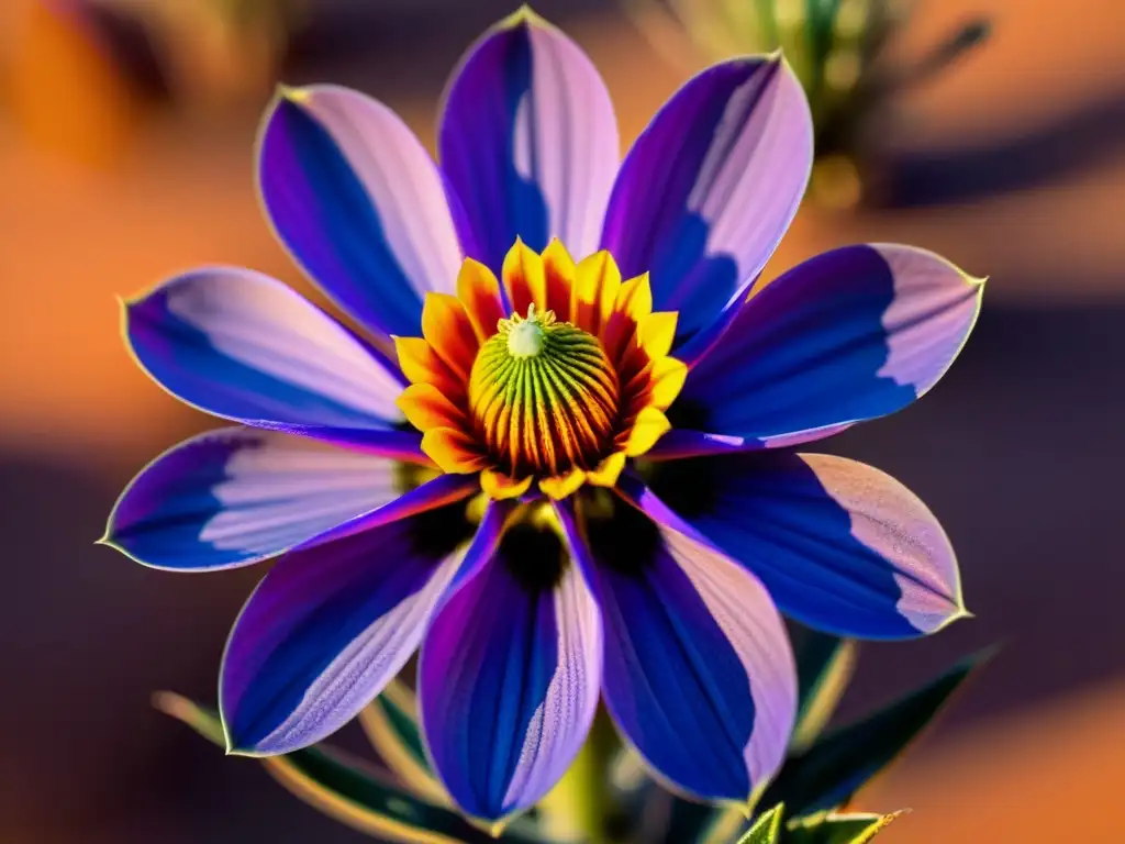 Fotografía ultravioleta en ecosistemas áridos: Detalle de flor desértica iluminada por luz UV, resaltando su hipnótico brillo y belleza oculta