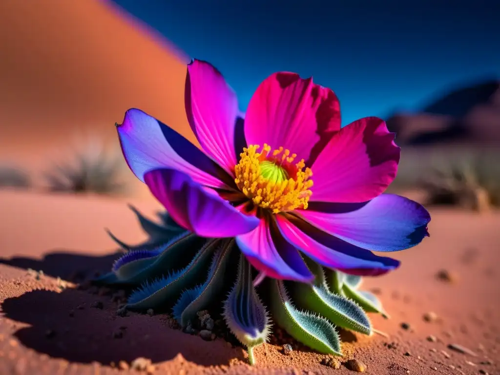 Una fotografía ultravioleta en ecosistemas áridos muestra una flor del desierto con colores fluorescentes y vibrantes, destacando su belleza oculta