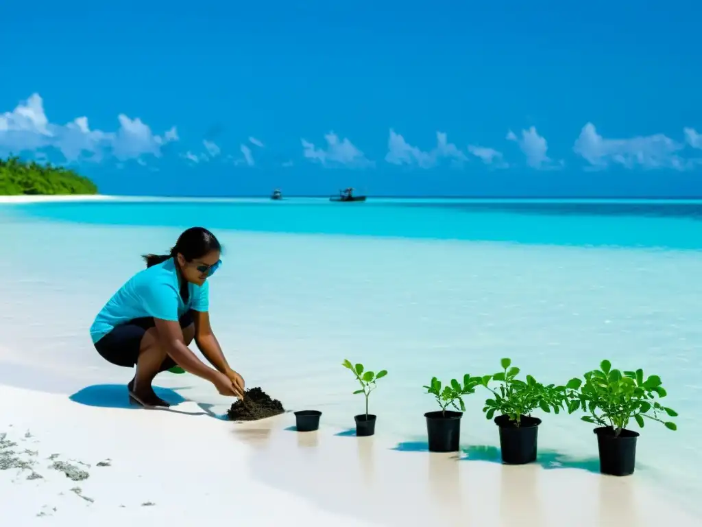 Unidos frente al cambio climático en Islas Maldivas, científicos y conservacionistas plantan manglares en la playa, con coral brillante bajo el agua