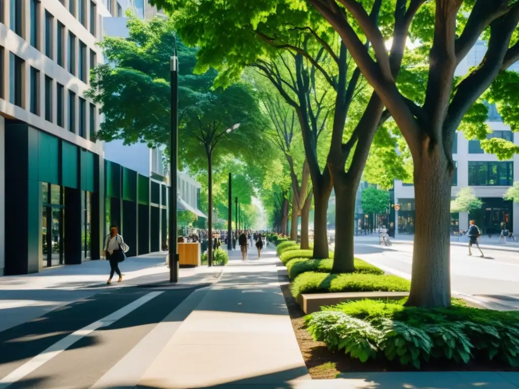 Silvicultura urbana en carreras profesionales: Una bulliciosa calle de la ciudad con árboles frondosos que proyectan sombras en el pavimento