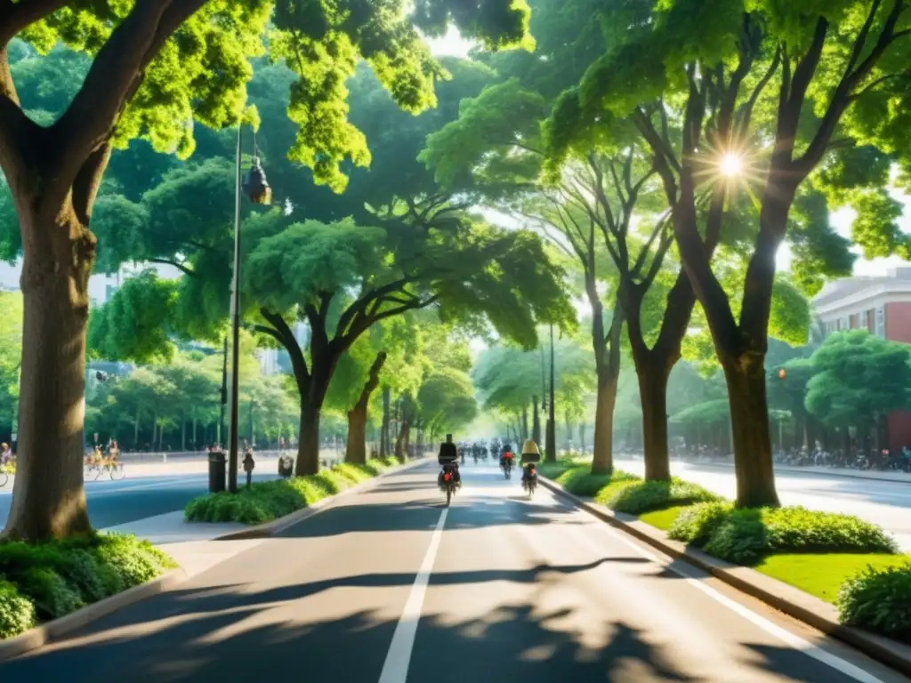 Silvicultura urbana en carreras profesionales: Calle urbana arbolada, gente caminando y edificios al fondo, la naturaleza y la ciudad en armonía