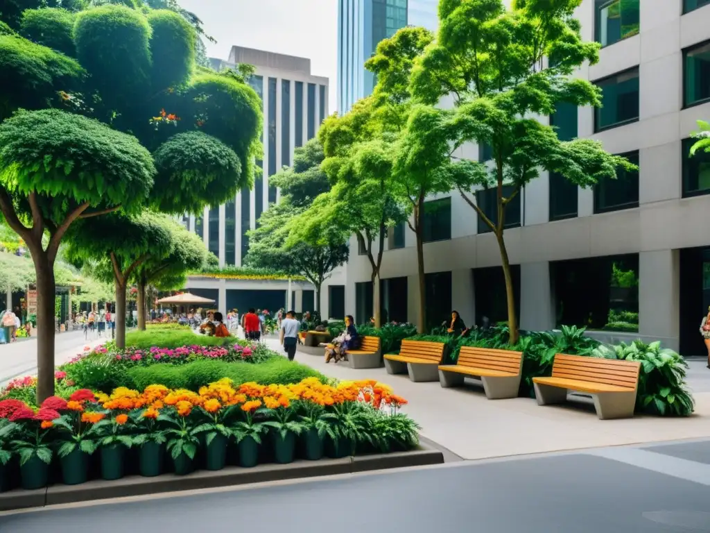 Biodiversidad urbana: una esquina de la ciudad rebosante de verde, con árboles, flores y gente disfrutando de los espacios verdes en la ciudad