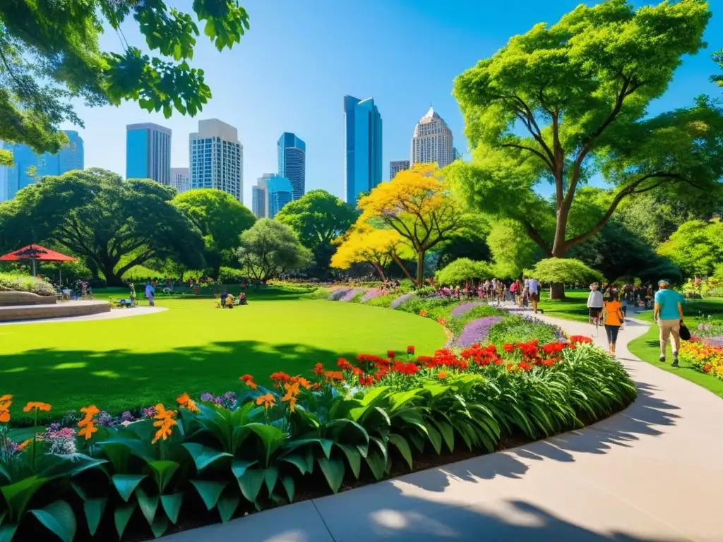 Biodiversidad urbana: parque verde en la ciudad con árboles, flores y vida silvestre, donde la naturaleza y la ciudad se entrelazan