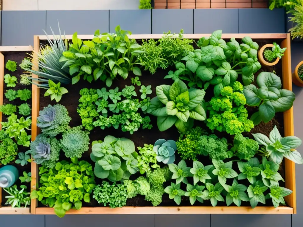 Un jardín urbano en la azotea con cultivo de alimentos orgánicos en espacios pequeños, cuidadosamente mantenido bajo el cálido sol de la ciudad