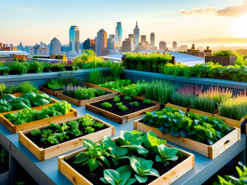 Un jardín urbano en la azotea con huertos bien organizados rebosantes de vegetales y hierbas