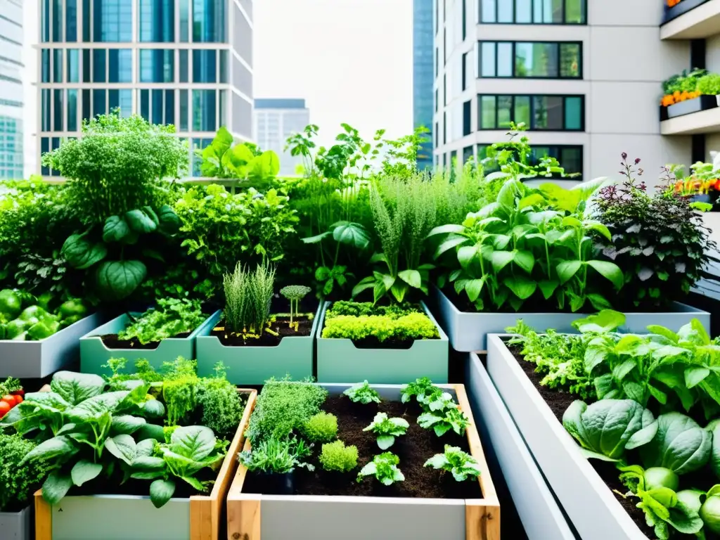 Un jardín urbano con cultivo de alimentos orgánicos en espacios pequeños, rodeado de edificios altos y bulliciosas calles