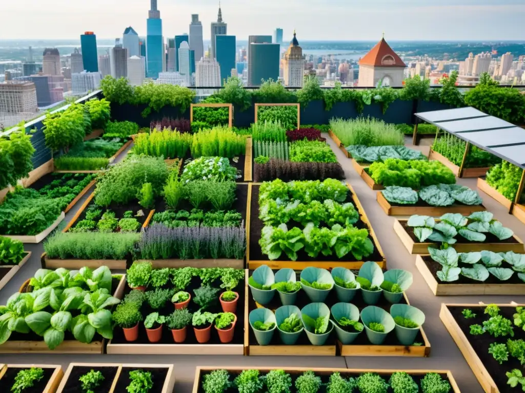 Jardín urbano con cultivo de alimentos orgánicos en espacios pequeños, armonía entre naturaleza y ciudad