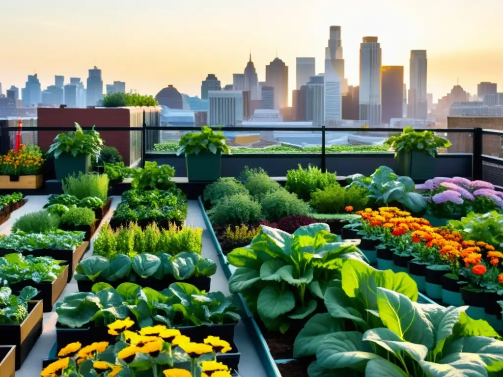 Un jardín urbano orgánico vibrante, con verduras verdes, flores coloridas y abejas revoloteando bajo el cálido sol