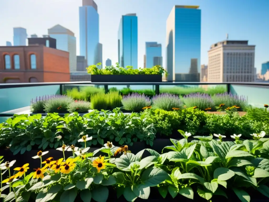 Un jardín urbano próspero, con plantas verdes vibrantes y biodiversidad