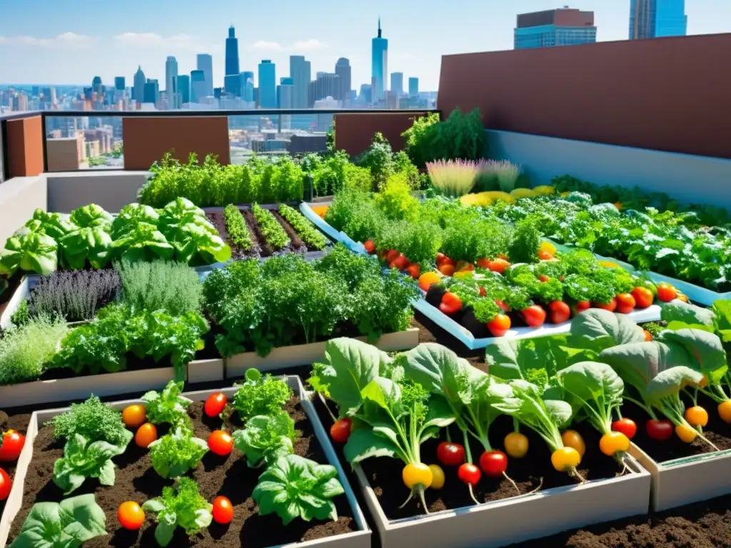 Un jardín urbano rebosante de vida con vegetales y hierbas, en contraste con el paisaje urbano