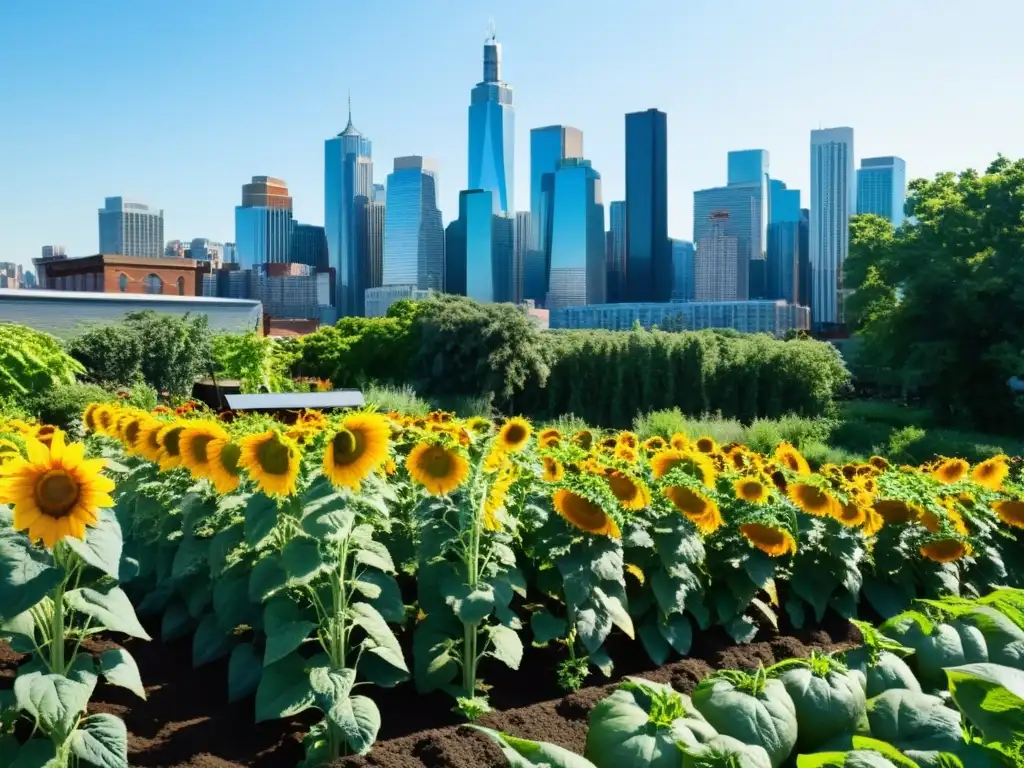 Un jardín urbano vibrante y bullicioso, lleno de diversidad de plantas y vida, donde la biodiversidad en huertos urbanos florece entre la ciudad