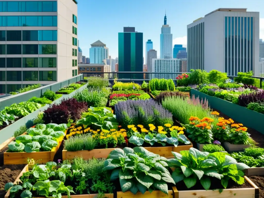 Un jardín urbano vibrante y dinámico entre rascacielos, con cultivos coloridos y biodiversidad