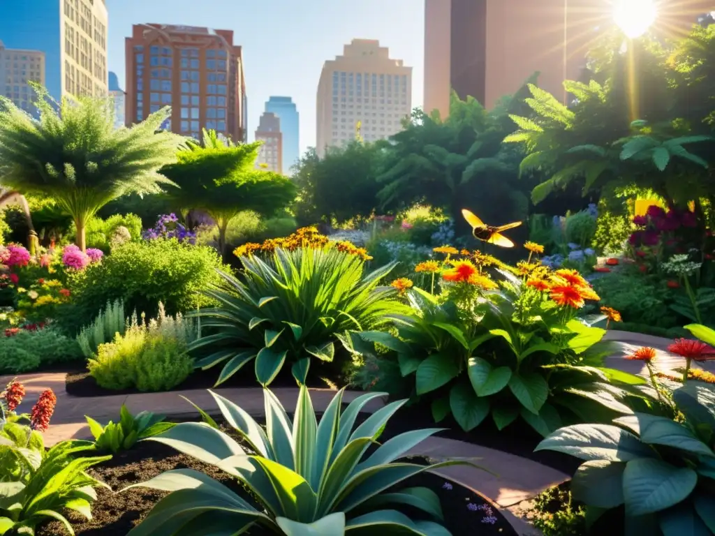 Jardín urbano vibrante, con diversidad de plantas y fauna, promoviendo estrategias de conservación de biodiversidad en ciudades