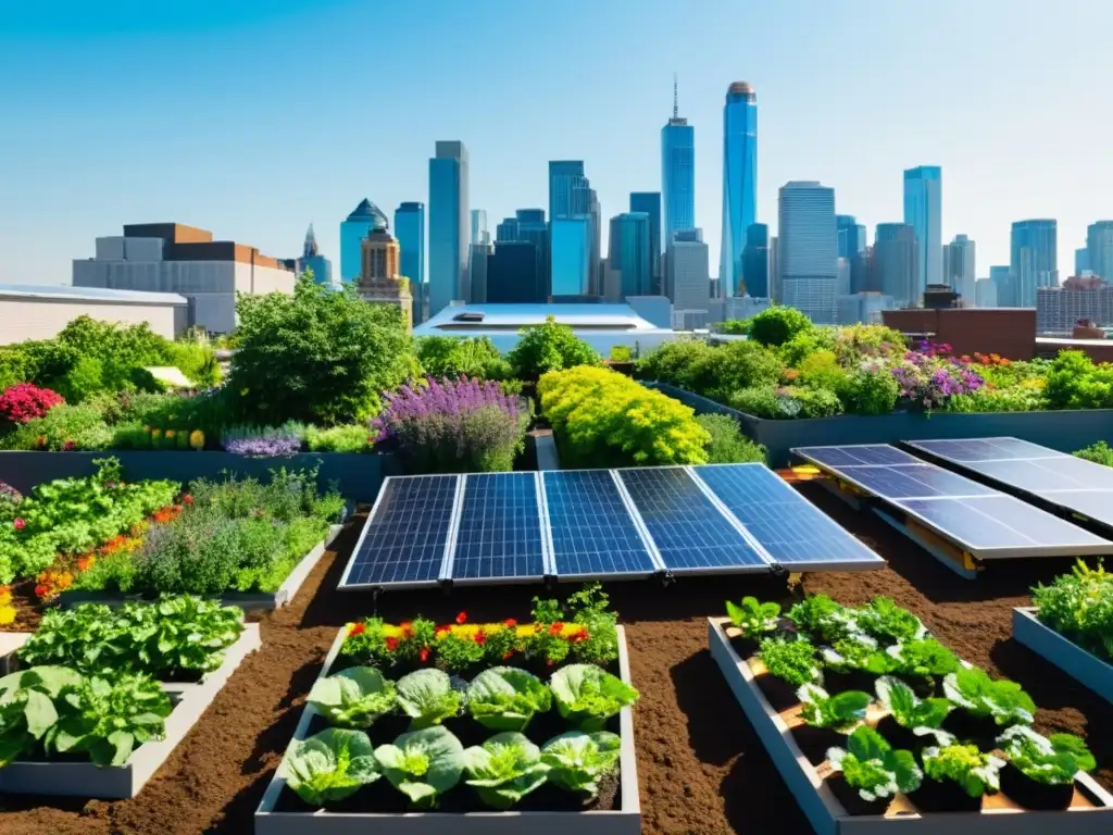 Un jardín urbano vibrante con paneles solares alineados, frutas, verduras y flores, en armonía con el horizonte de la ciudad