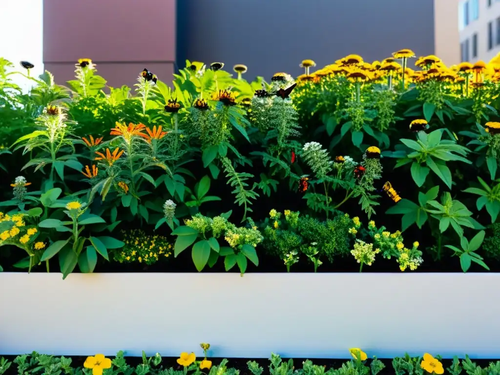 Jardín urbano vibrante con plantas nativas, flores y polinizadores