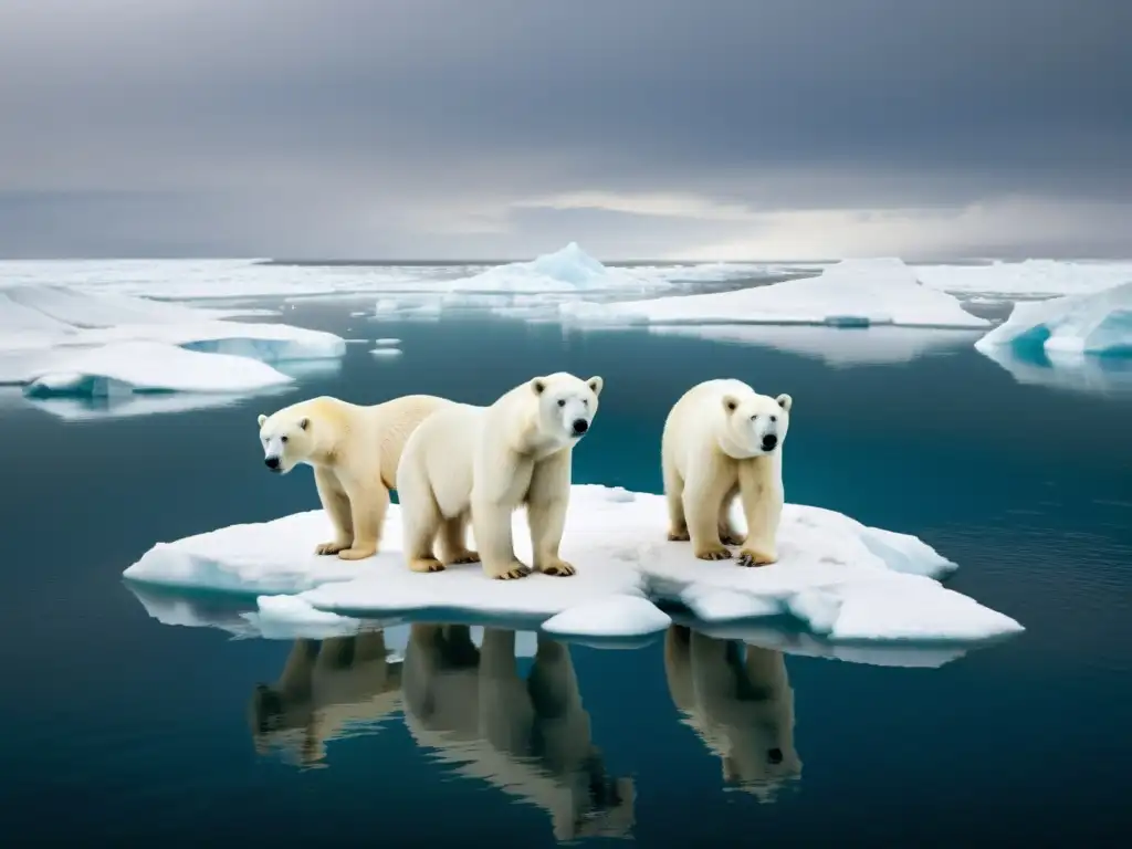 Urgencia del cambio climático impacto biodiversidad global: osos polares luchando en hielo derretido