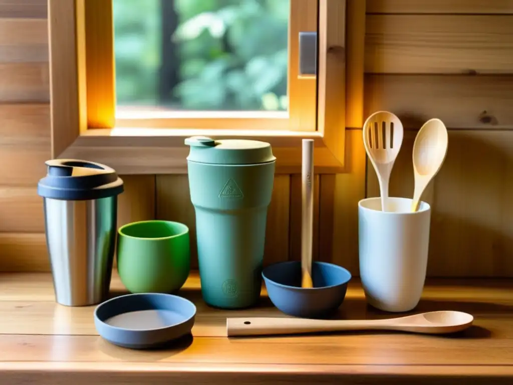 Utensilios de cocina portátiles ecológicos en mesa de madera con luz natural