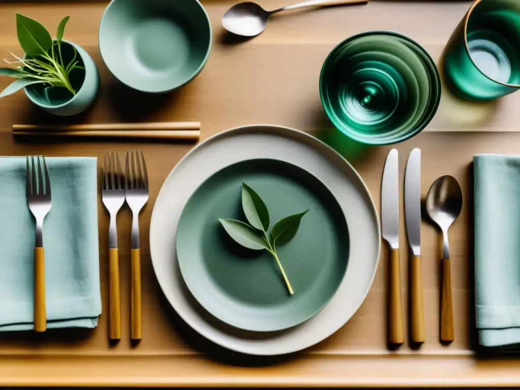 Vajillas y cuberterías sostenibles para mesa en una elegante y sostenible escena de mesa con comida orgánica y luz natural