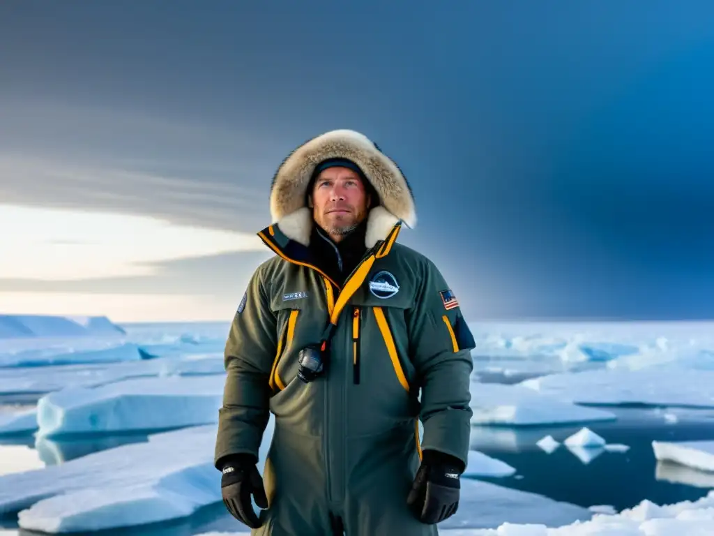 Explorador polar enfrenta la vastedad helada Un valiente explorador polar contempla el vasto paisaje helado, transmitiendo la sensación de valentía y descubrimiento en un entorno desafiante