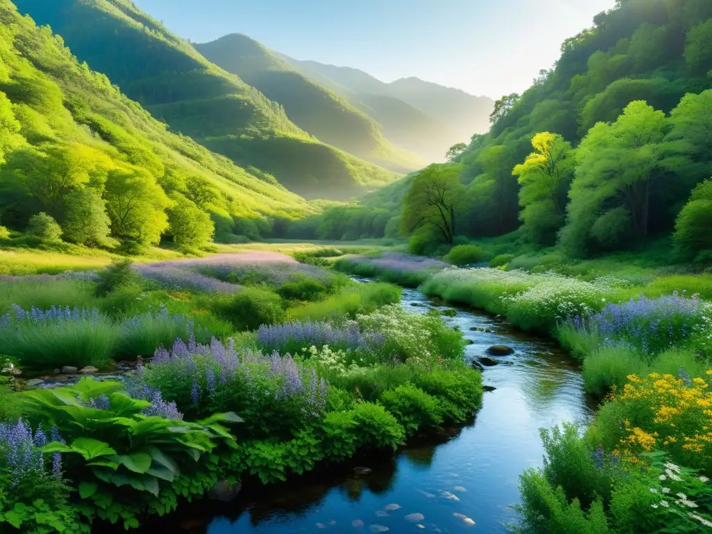 Valle exuberante con arroyo serpenteante, vegetación vibrante y flores silvestres
