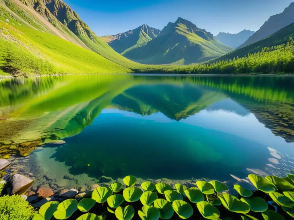 Un valle verde rodea un lago cristalino, reflejando las montañas